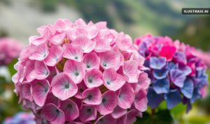 Ilustrasi bunga hortensia merah muda dan biru di taman pegunungan berkabut