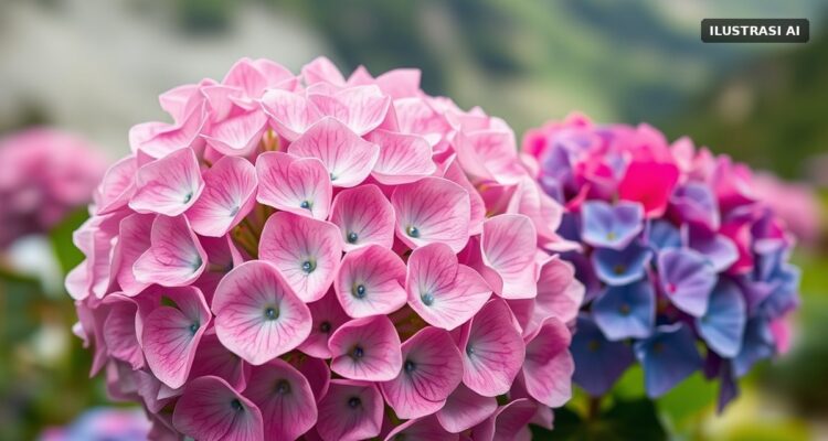 Ilustrasi bunga hortensia merah muda dan biru di taman pegunungan berkabut