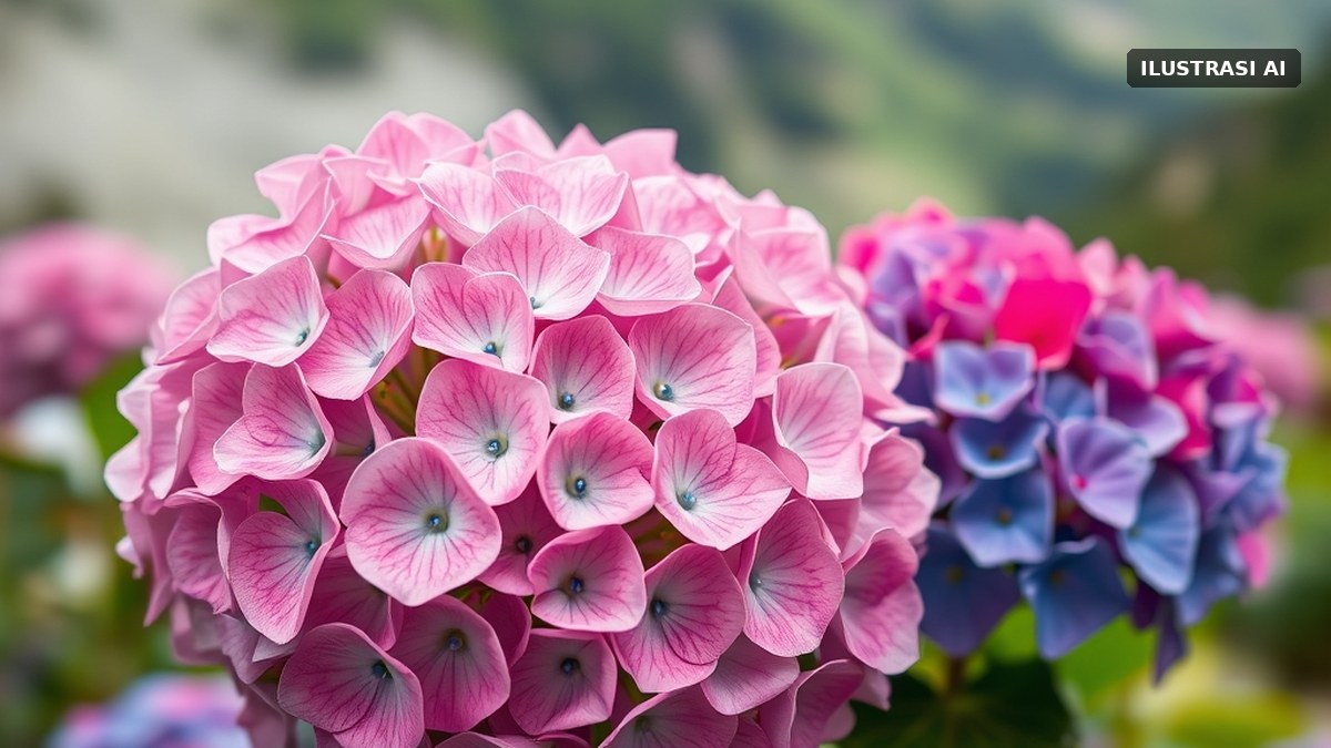 Ilustrasi bunga hortensia merah muda dan biru di taman pegunungan berkabut