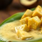 Tempe Besengek Mbah Rono, Kuliner Legendaris Depan Kecamatan Juwangi Ilustrasi tempe berkuah santan kuning kental di atas daun jati