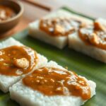 Lempok, Lontong Pipih Khas Wonosegoro yang Jarang Dikenal Orang Luar Ilustrasi potongan lontong pipih bersiram sambal kacang di atas daun