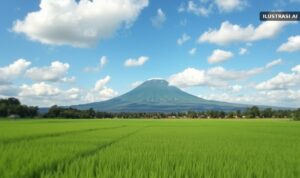 Ilustrasi langit cerah berawan di atas hamparan sawah dan gunung