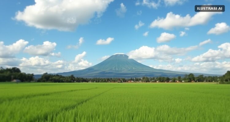 Ilustrasi langit cerah berawan di atas hamparan sawah dan gunung