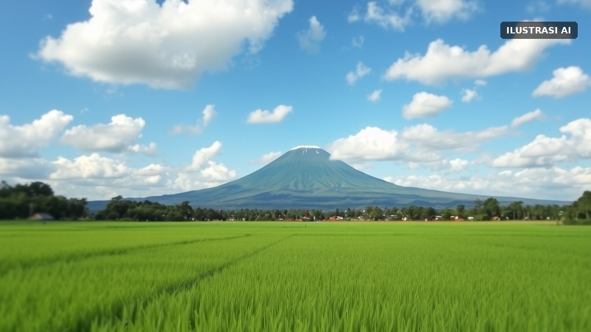 Ilustrasi langit cerah berawan di atas hamparan sawah dan gunung