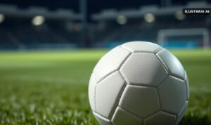 Ilustrasi bola sepak putih polos di atas rumput lapangan pada malam hari