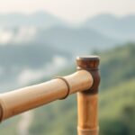 Ilustrasi pagar bambu gardu pandang di puncak bukit berkabut dengan latar lereng gunung