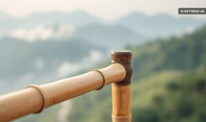 Ilustrasi pagar bambu gardu pandang di puncak bukit berkabut dengan latar lereng gunung
