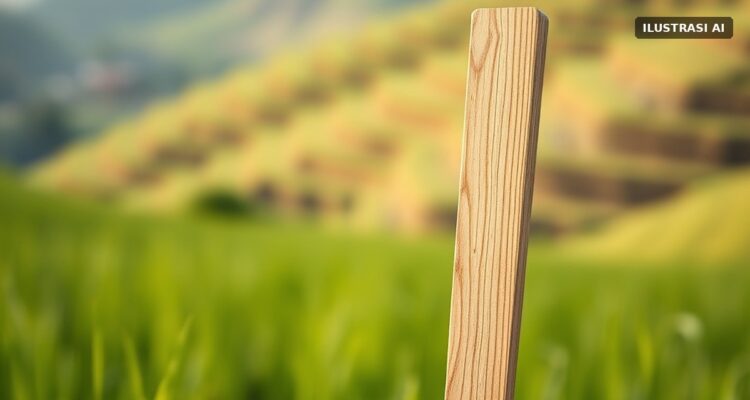 Ilustrasi patok kayu polos tertancap di pematang sawah dengan latar perbukitan hijau