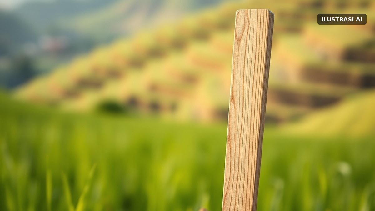 Ilustrasi patok kayu polos tertancap di pematang sawah dengan latar perbukitan hijau