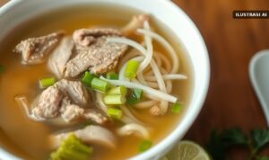 Resep Soto Seger Boyolali Kuah Bening, Bisa Dimasak di Rumah Ilustrasi semangkuk soto berkuah bening dengan irisan daging sapi, soun, tauge, dan seledri