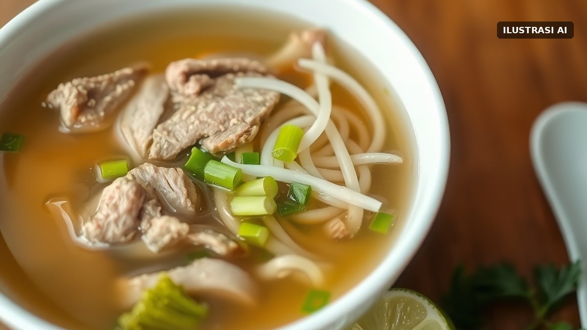 Ilustrasi semangkuk soto berkuah bening dengan irisan daging sapi, soun, tauge, dan seledri