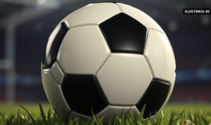 Ilustrasi bola sepak hitam putih di atas rumput stadion