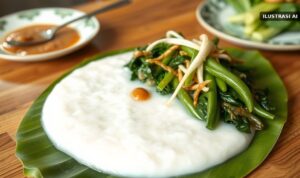 Ilustrasi bubur putih dengan sayur rebus dan sambal kacang di atas daun pisang