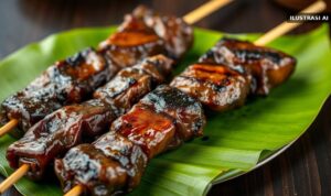 Ilustrasi tusukan sate kambing bakar di atas daun pisang
