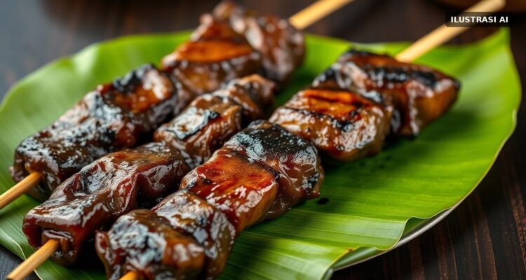 Ilustrasi tusukan sate kambing bakar di atas daun pisang