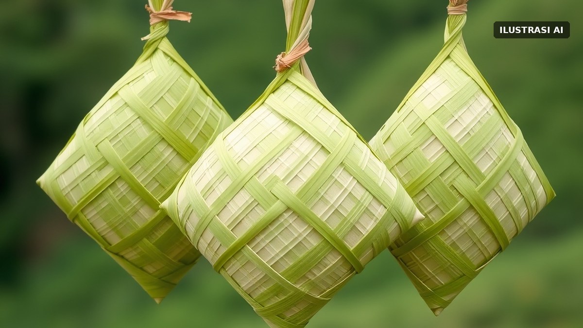 Ilustrasi tiga ketupat anyaman janur hijau yang digantung