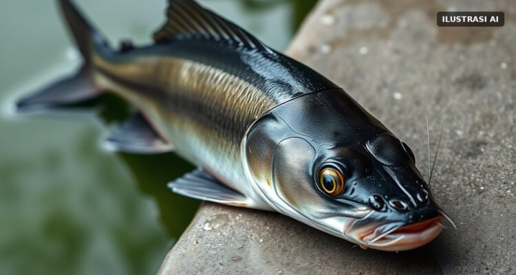 Ilustrasi seekor ikan lele utuh di atas batu basah dengan latar kolam