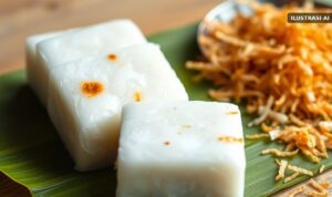 Ilustrasi potongan jadah ketan bakar dan serundeng kelapa di atas daun pisang