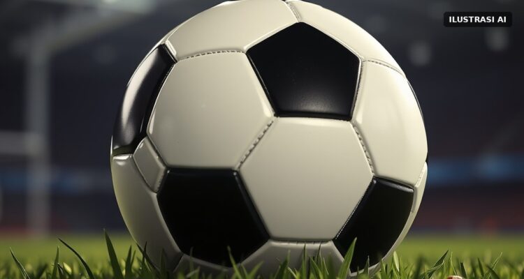 Ilustrasi bola sepak hitam putih di atas rumput stadion