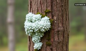 Ilustrasi lumut kerak (lichen) hijau keabu-abuan menempel di batang pinus dengan latar hutan berkabut