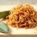 Resep Abon Sapi ala Rumahan, Oleh-oleh Khas Boyolali yang Tahan Lama Ilustrasi tumpukan abon sapi berwarna cokelat keemasan di atas talenan kayu dengan dua lembar daun salam