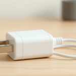 Cara Aman Mengecas HP agar Tak Panas Berlebih dan Picu Kebakaran Ilustrasi adaptor pengisi daya putih polos dengan kabel tergulung di atas meja kayu