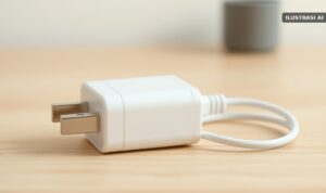 Ilustrasi adaptor pengisi daya putih polos dengan kabel tergulung di atas meja kayu