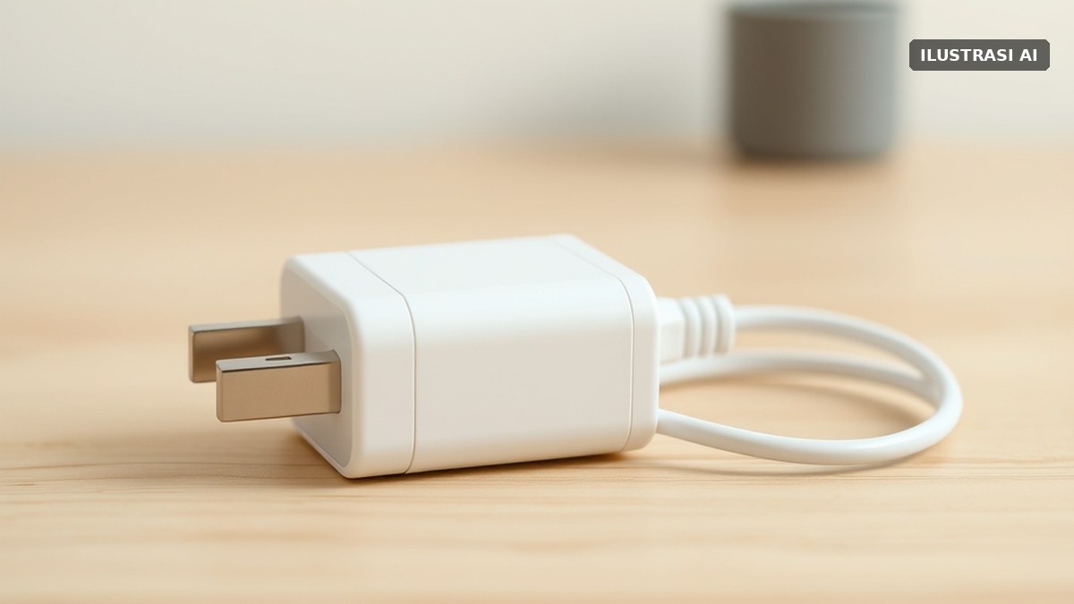 Ilustrasi adaptor pengisi daya putih polos dengan kabel tergulung di atas meja kayu