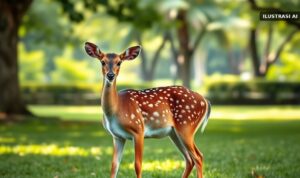 Ilustrasi seekor rusa totol memakan wortel di atas rumput taman yang rindang
