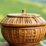 Ilustrasi tenong, wadah makanan bulat dari anyaman bambu, di atas tikar pandan