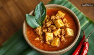 Ilustrasi sambal tumpang berkuah dengan tempe hancur dan tahu goreng dalam mangkuk tanah liat
