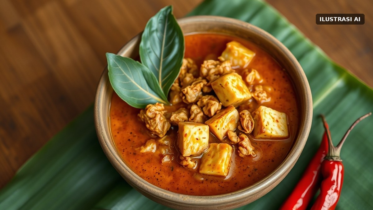 Ilustrasi sambal tumpang berkuah dengan tempe hancur dan tahu goreng dalam mangkuk tanah liat