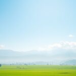 Ilustrasi langit cerah di atas sawah dengan lereng gunung berawan