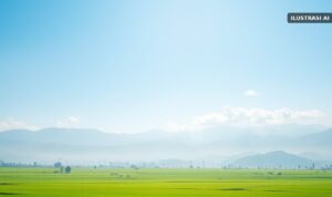Ilustrasi langit cerah di atas sawah dengan lereng gunung berawan