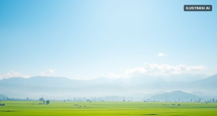 Ilustrasi langit cerah di atas sawah dengan lereng gunung berawan