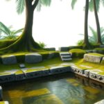 Ilustrasi kolam mata air kuno dari batu andesit berlumut dengan air jernih di bawah pepohonan
