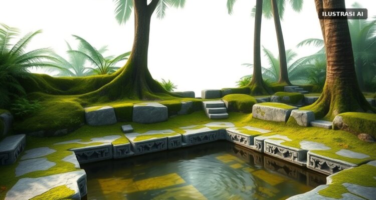 Ilustrasi kolam mata air kuno dari batu andesit berlumut dengan air jernih di bawah pepohonan