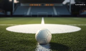 Ilustrasi bola sepak putih polos di titik tengah lapangan rumput saat senja
