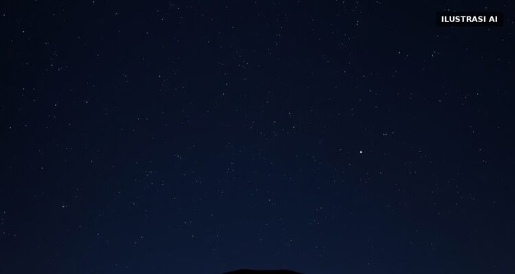 Saturnus Capai Oposisi Malam Ini, Tampak Terang Sepanjang Malam Ilustrasi langit malam berbintang dengan satu titik cahaya terang di atas siluet bukit