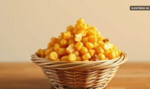 Ilustrasi butiran jagung goreng renyah berwarna keemasan di dalam keranjang bambu