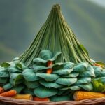 Ilustrasi gunungan daun tembakau hijau dan sayuran di atas tampah bambu berlatar lereng gunung