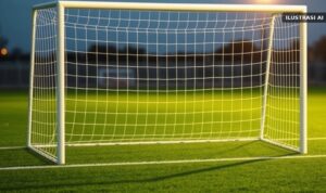 Ilustrasi gawang sepak bola kosong dengan jaring putih di lapangan rumput saat senja