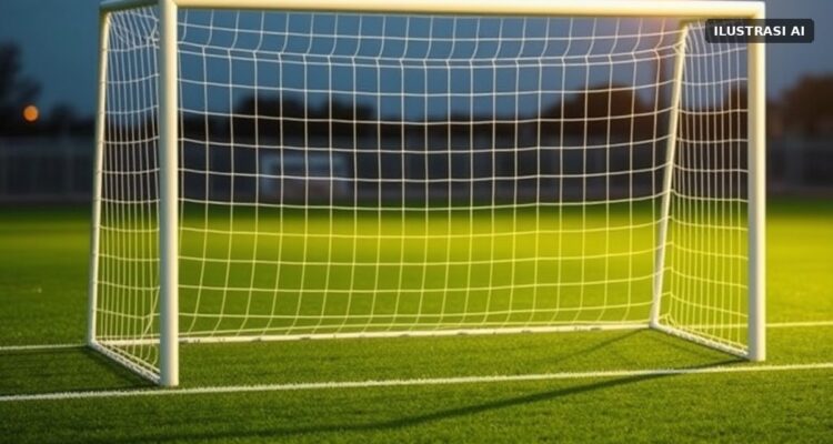 Jelang Final, Pelatih Thailand Tak Pikirkan Komentar John Herdman Ilustrasi gawang sepak bola kosong dengan jaring putih di lapangan rumput saat senja