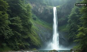 Ilustrasi air terjun kecil di tebing batu berlumut di tengah hutan pegunungan