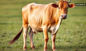 Ilustrasi seekor sapi berwarna cokelat muda berdiri di padang rumput