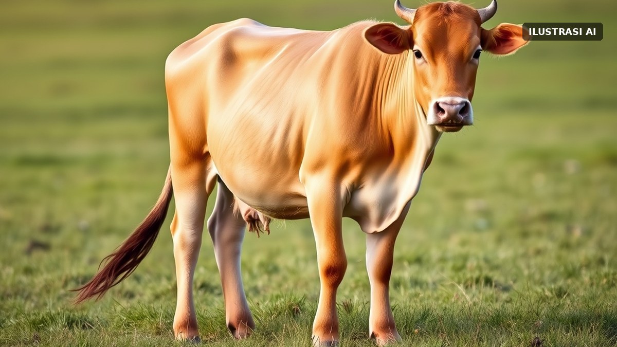 Ilustrasi seekor sapi berwarna cokelat muda berdiri di padang rumput